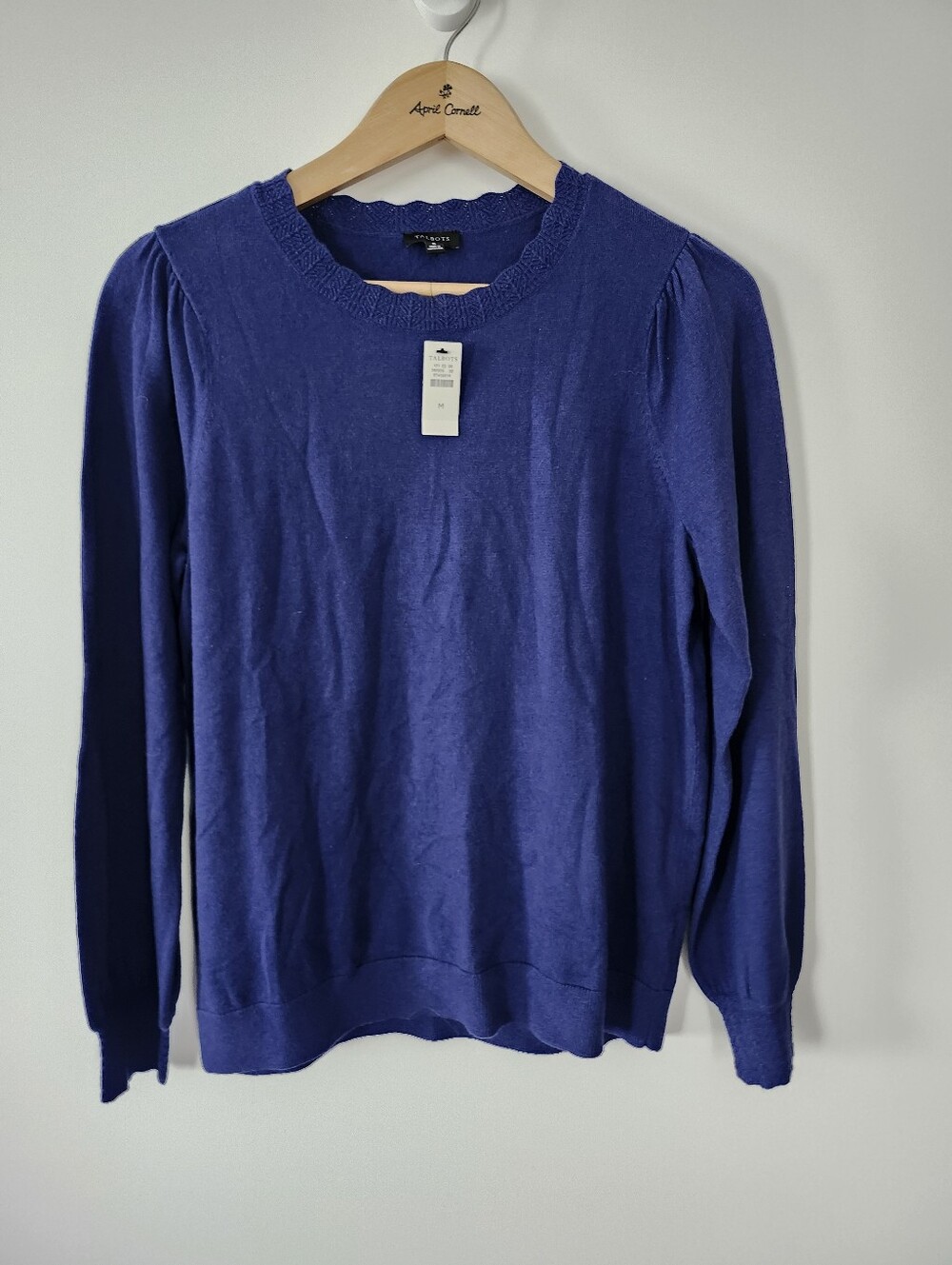TALBOTS Cobalt Blue Scalloped Cotton Wool Blend Pullover Sweater Medium NWT